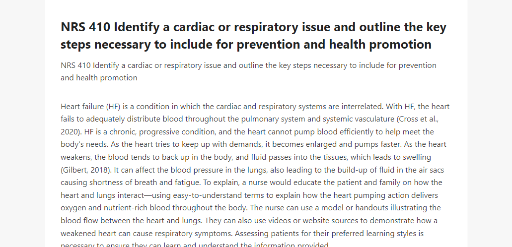 NRS 410 Identify a cardiac or respiratory issue and outline the key steps necessary to include for prevention and health promotion