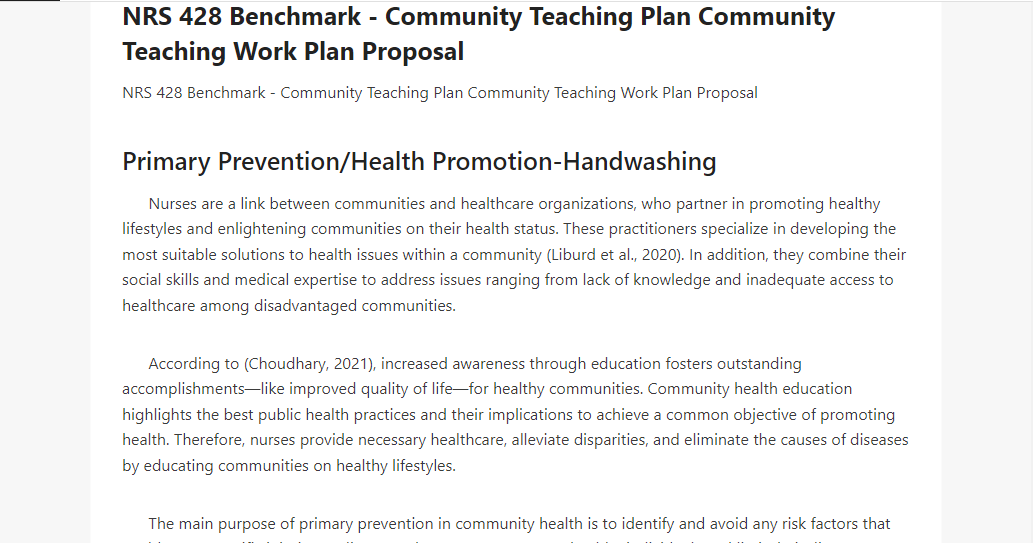 NRS 428 Benchmark - Community Teaching Plan Community Teaching Work Plan Proposal