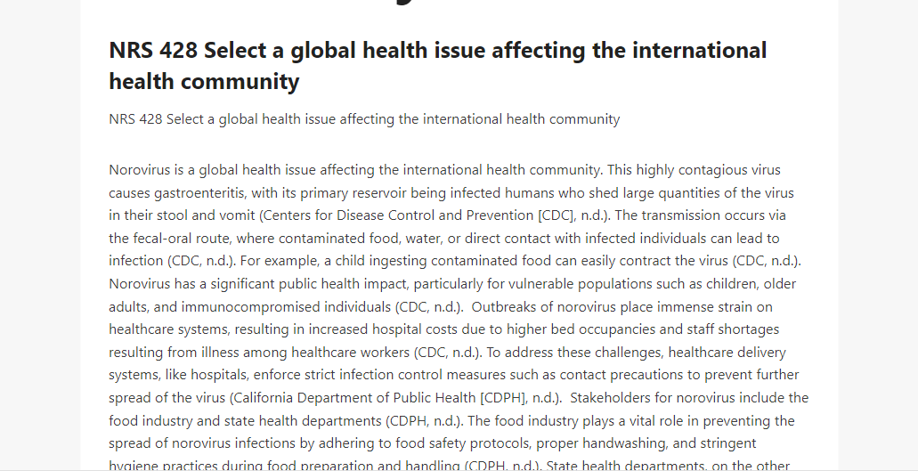 NRS 428 Select a global health issue affecting the international health community