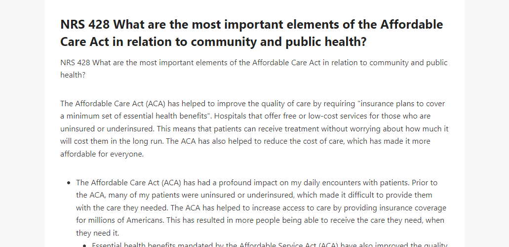 NRS 428 What are the most important elements of the Affordable Care Act in relation to community and public health