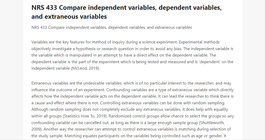NRS 433 Compare independent variables, dependent variables, and extraneous variables