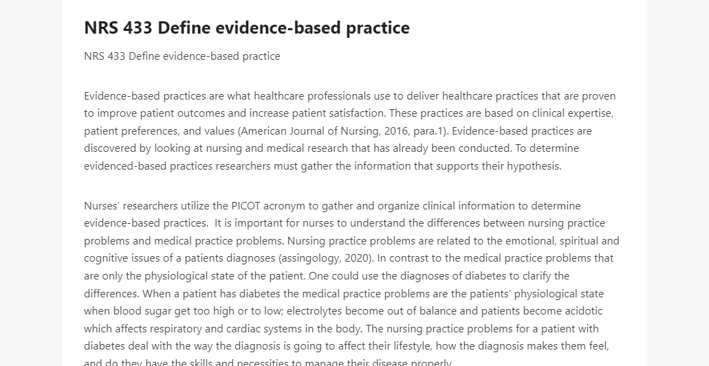 NRS 433 Define evidence-based practice