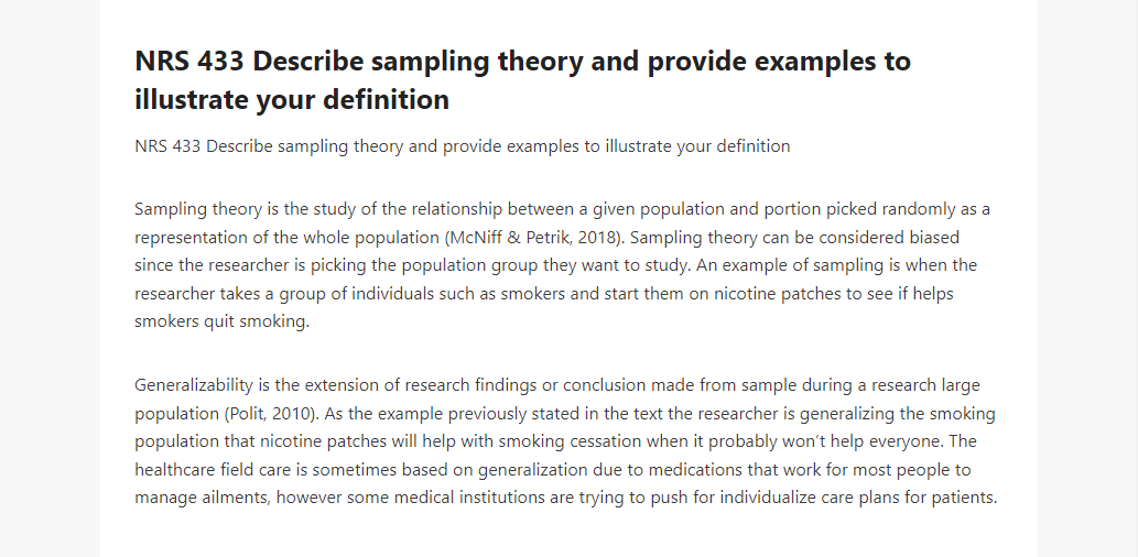 NRS 433 Describe sampling theory and provide examples to illustrate your definition