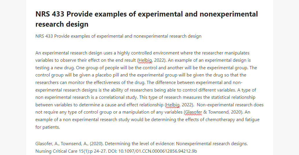 NRS 433 Provide examples of experimental and nonexperimental research design