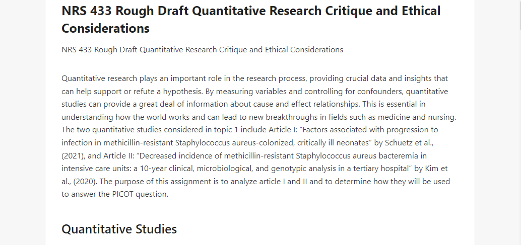 NRS 433 Rough Draft Quantitative Research Critique and Ethical Considerations