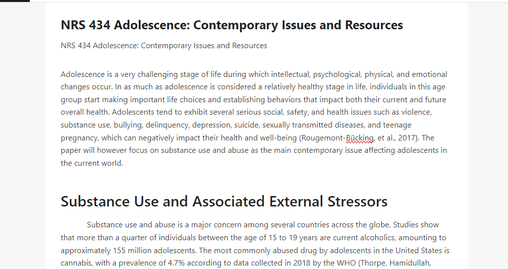 NRS 434 Adolescence Contemporary Issues and Resources