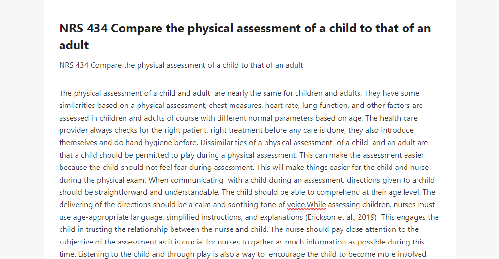 NRS 434 Compare the physical assessment of a child to that of an adult