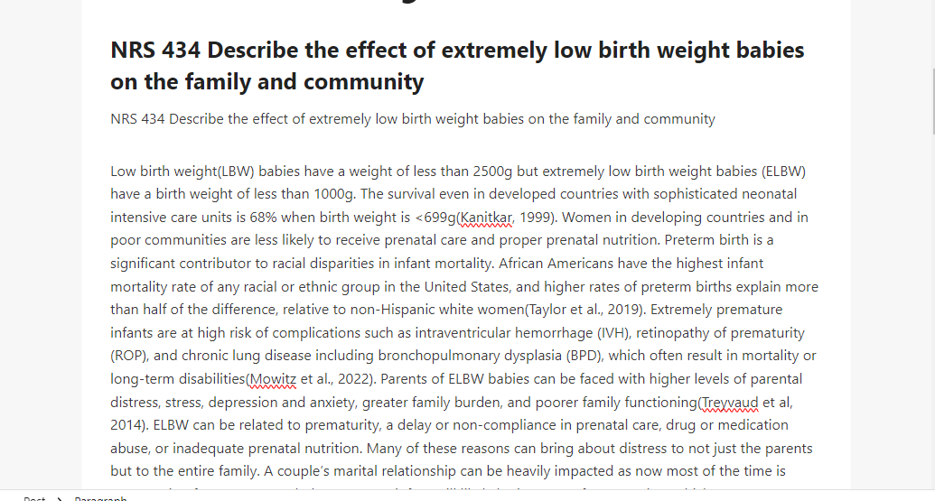 NRS 434 Describe the effect of extremely low birth weight babies on the family and community