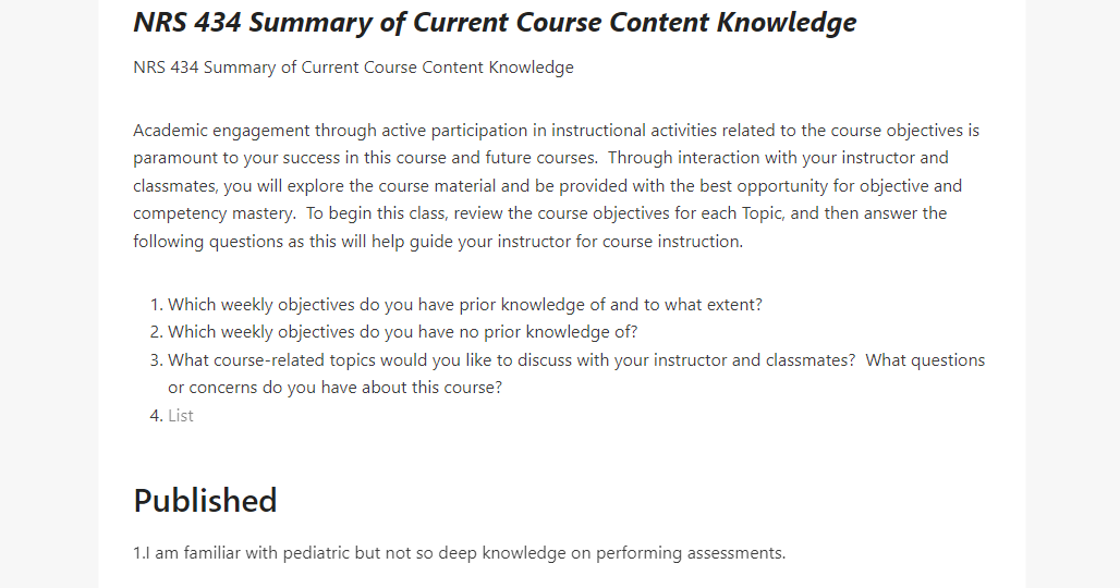 NRS 434 Summary of Current Course Content Knowledge