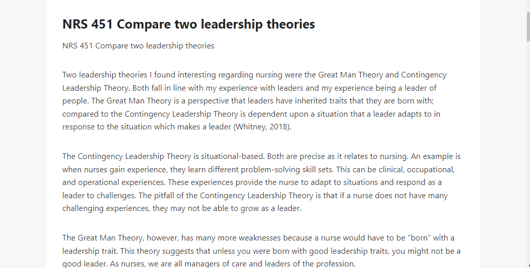 NRS 451 Compare two leadership theories