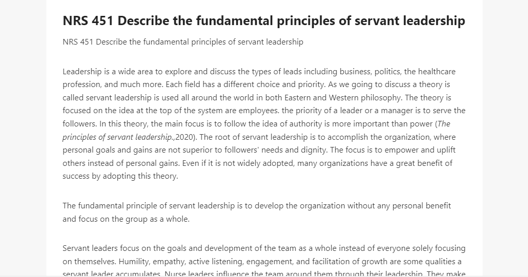 NRS 451 Describe the fundamental principles of servant leadership