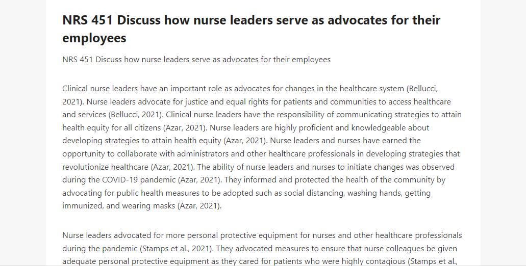 NRS 451 Discuss how nurse leaders serve as advocates for their employees