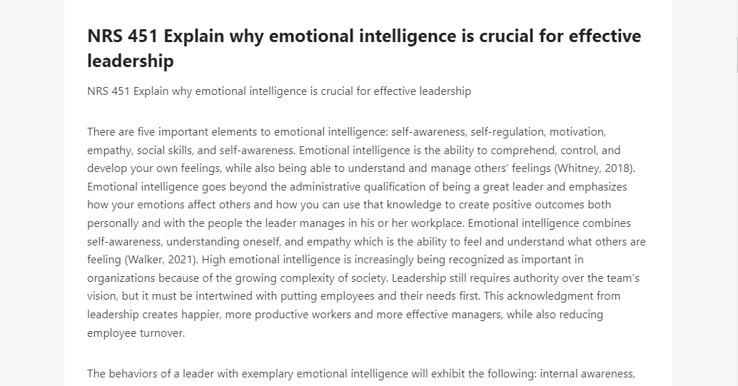 NRS 451 Explain why emotional intelligence is crucial for effective leadership