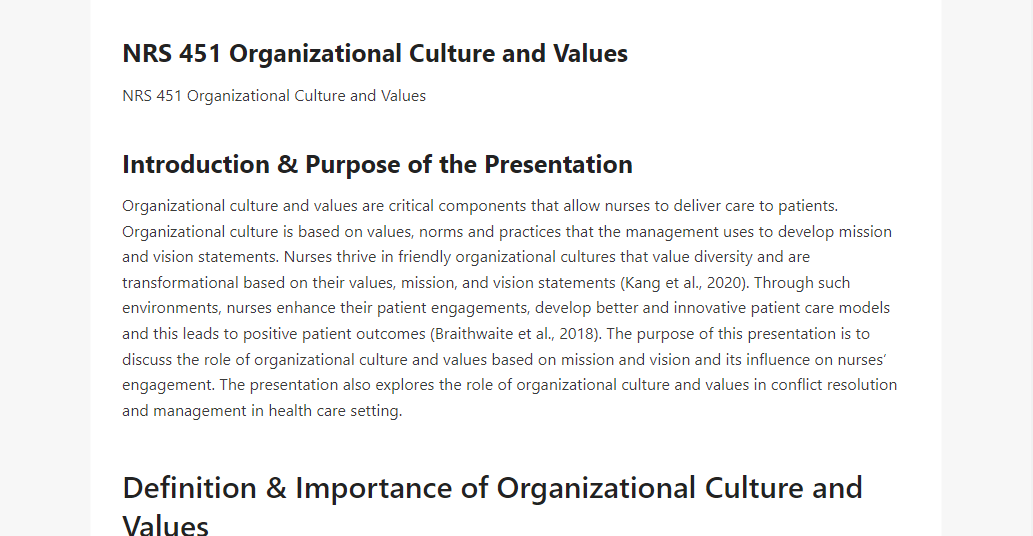 NRS 451 Organizational Culture and Values