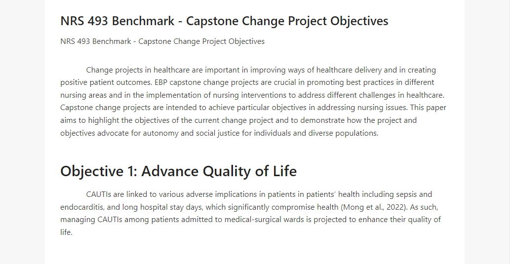 NRS 493 Benchmark - Capstone Change Project Objectives