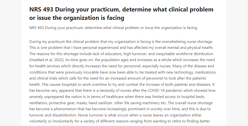 NRS 493 During your practicum, determine what clinical problem or issue the organization is facing