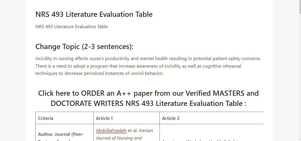 NRS 493 Literature Evaluation Table