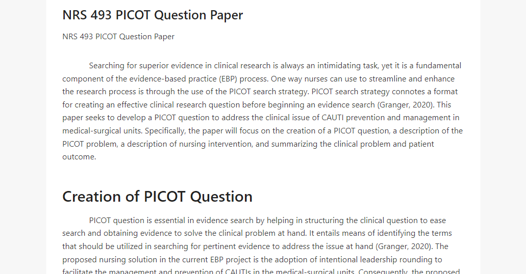 NRS 493 PICOT Question Paper