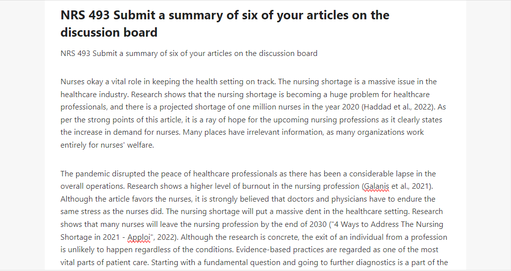 NRS 493 Submit a summary of six of your articles on the discussion board