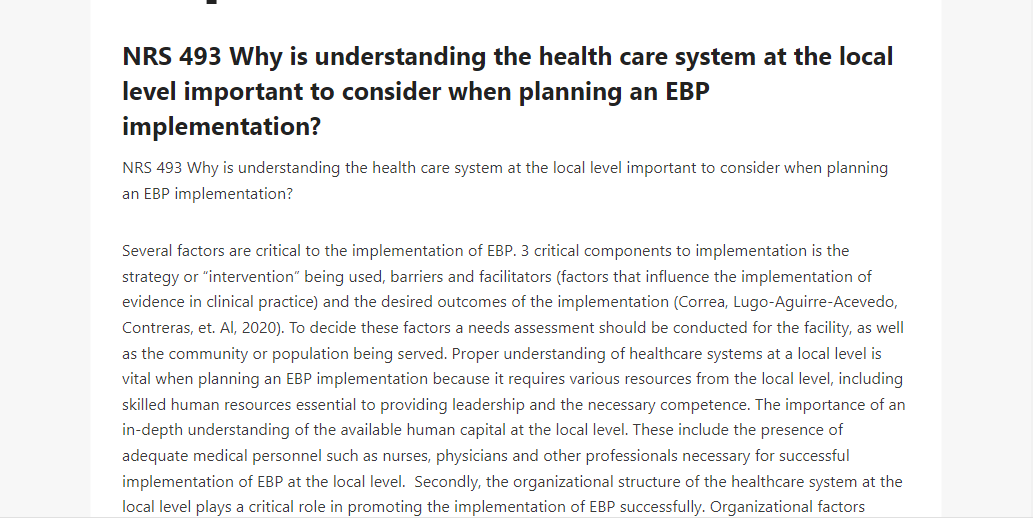 NRS 493 Why is understanding the health care system at the local level important to consider when planning an EBP implementation