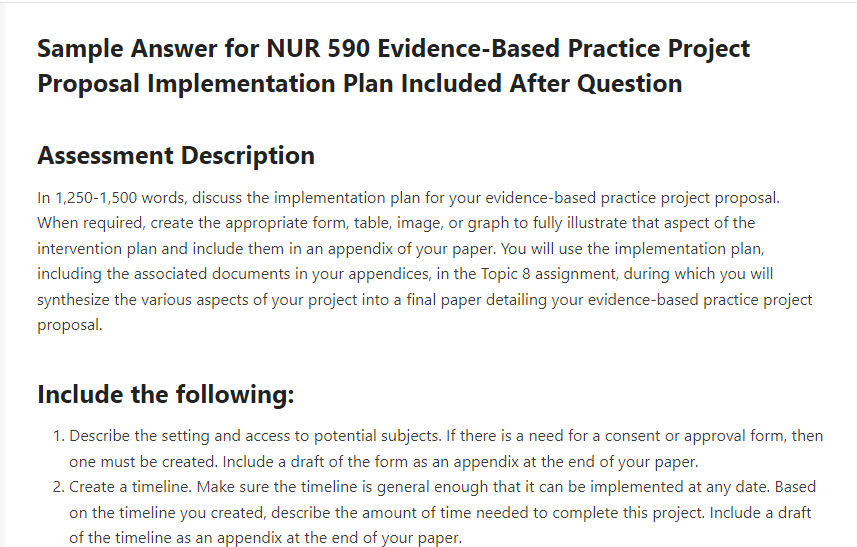 NUR 590 Evidence-Based Practice Project Proposal Implementation Plan