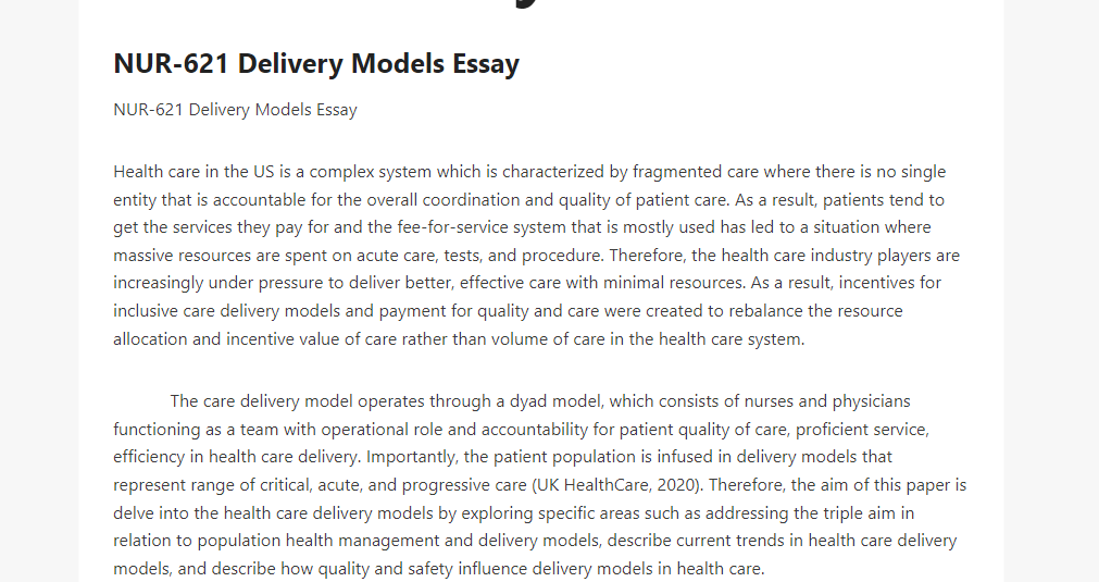 NUR-621 Delivery Models Essay