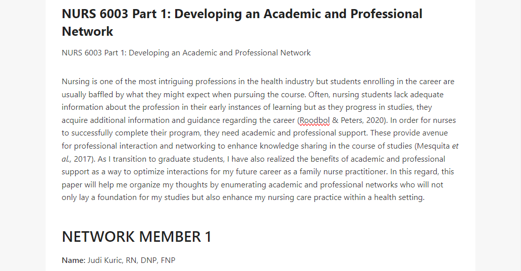 NURS 6003 Part 1 Developing an Academic and Professional Network