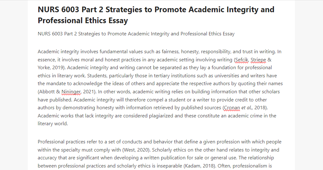 NURS 6003 Part 2 Strategies to Promote Academic Integrity and Professional Ethics Essay