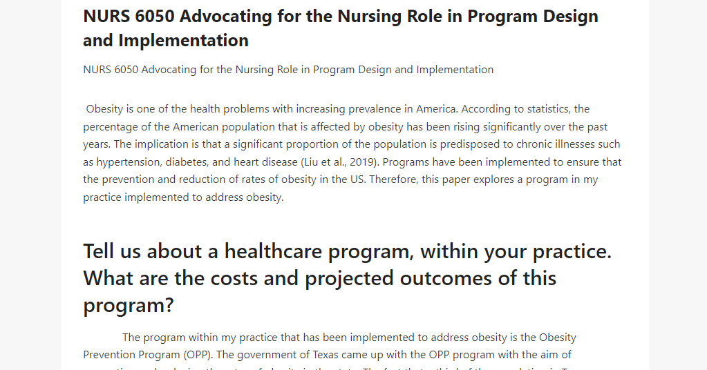 NURS 6050 Advocating for the Nursing Role in Program Design and Implementation