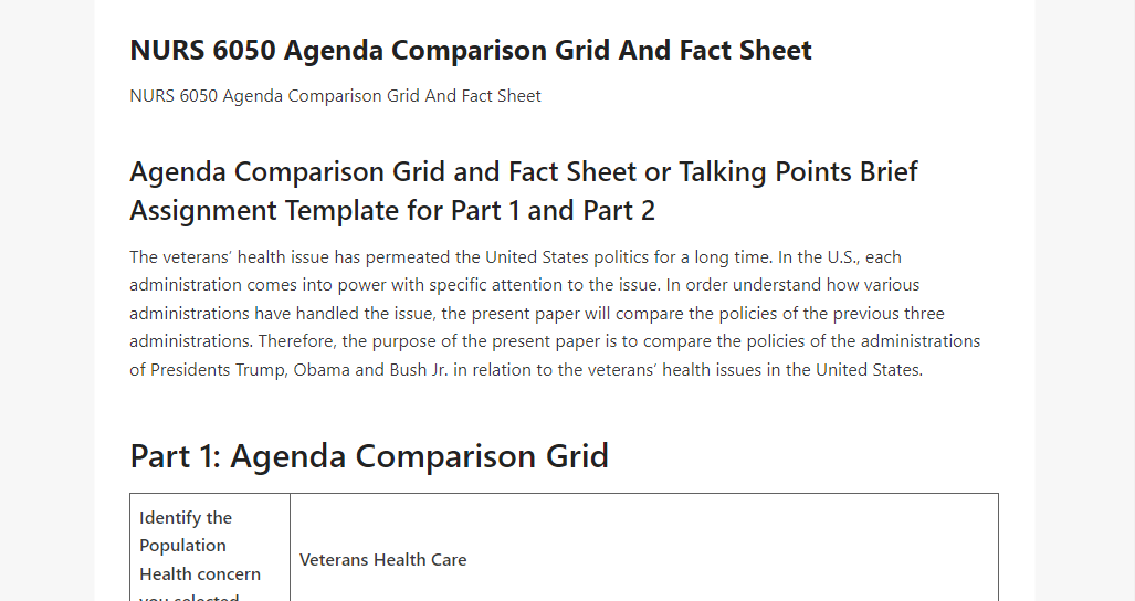 NURS 6050 Agenda Comparison Grid And Fact Sheet