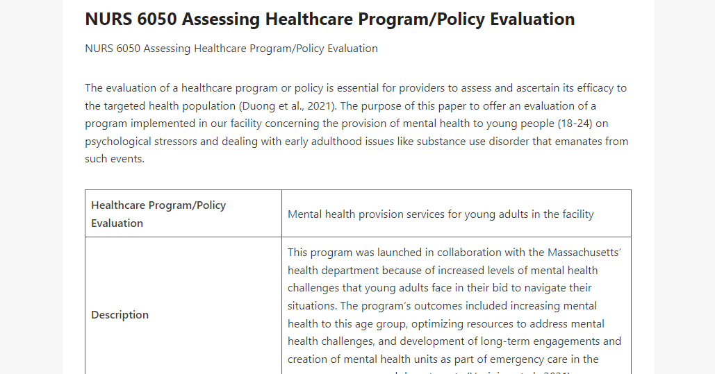 NURS 6050 Assessing Healthcare Program Policy Evaluation