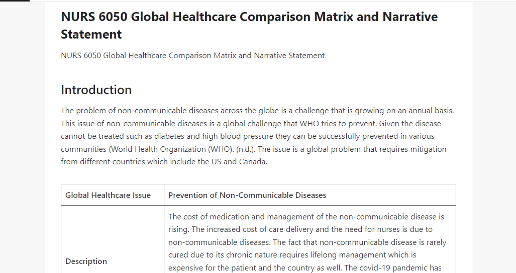 NURS 6050 Global Healthcare Comparison Matrix and Narrative Statement