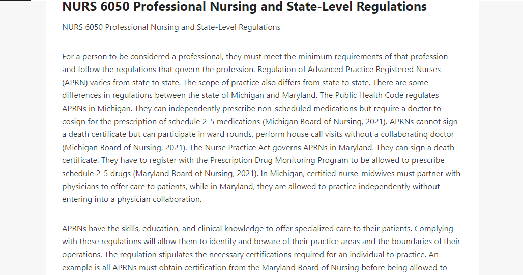 NURS 6050 Professional Nursing and State-Level Regulations 
