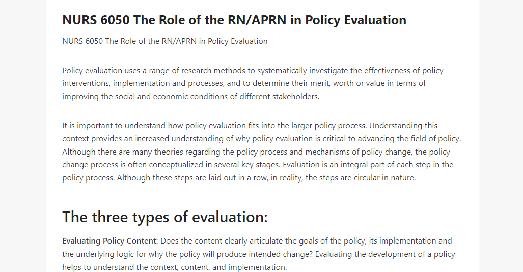 NURS 6050 The Role of the RN APRN in Policy Evaluation