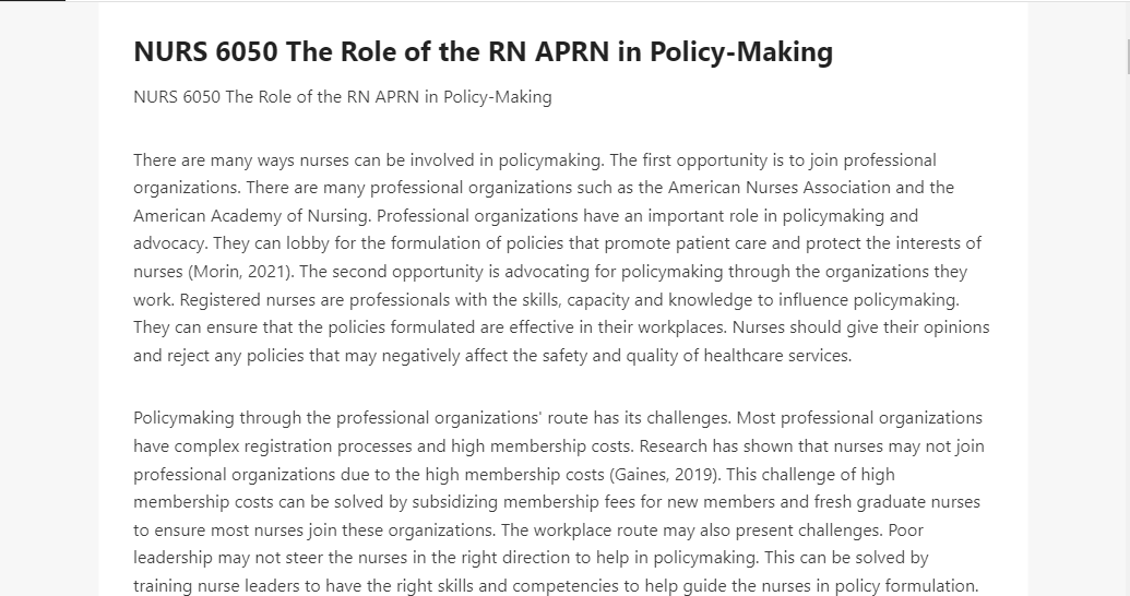 NURS 6050 The Role of the RN APRN in Policy-Making 