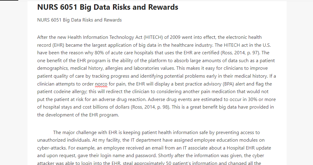 NURS 6051 Big Data Risks and Rewards 