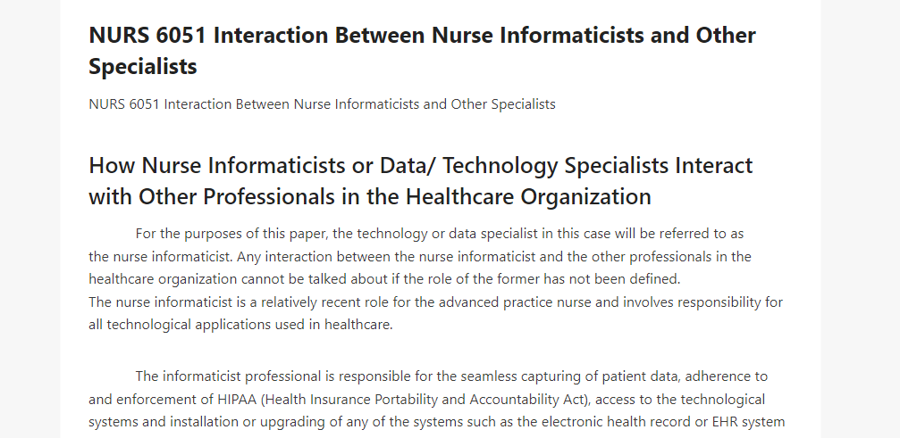 NURS 6051 Interaction Between Nurse Informaticists and Other Specialists 