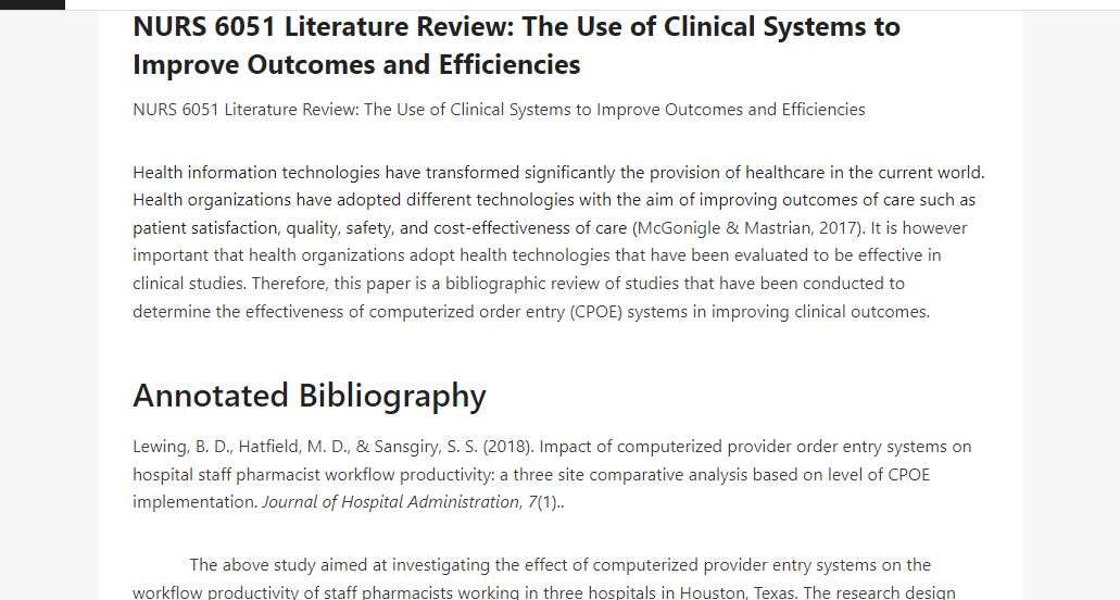 NURS 6051 Literature Review: The Use of Clinical Systems to Improve Outcomes and Efficiencies