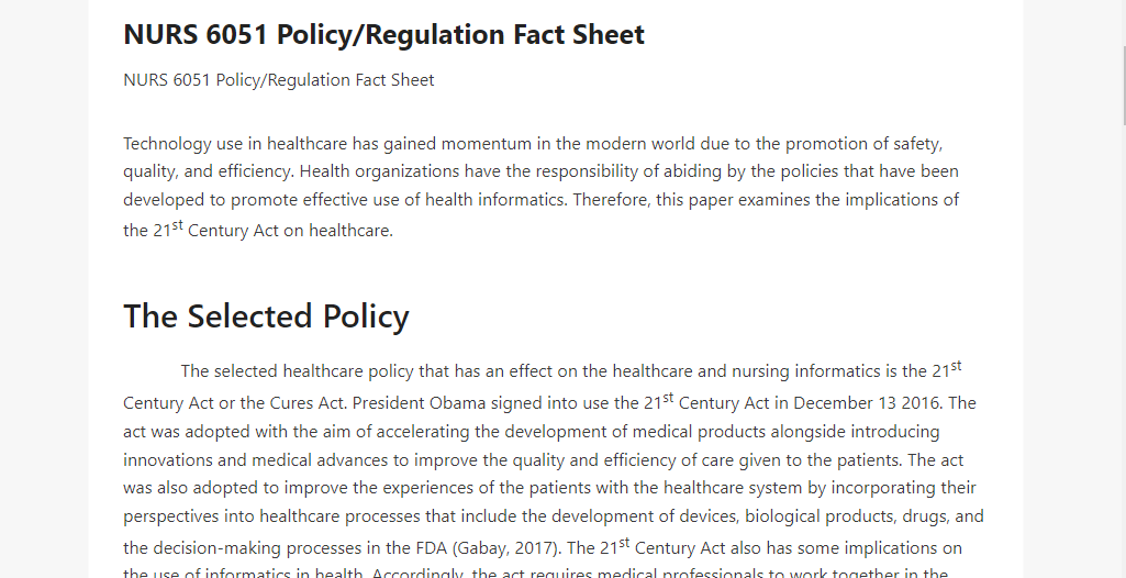 NURS 6051 Policy Regulation Fact Sheet