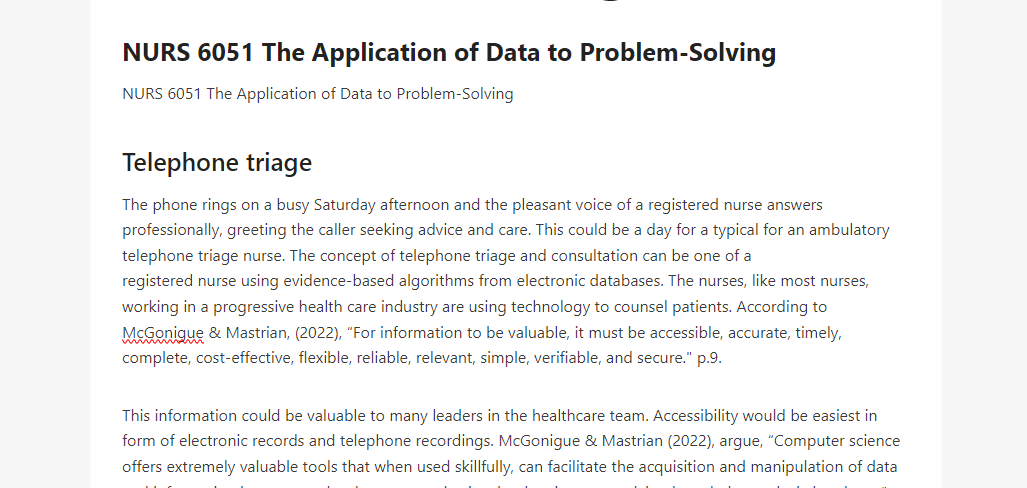 NURS 6051 The Application of Data to Problem-Solving