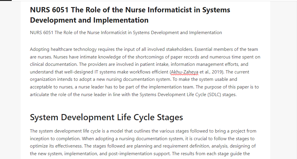 NURS 6051 The Role of the Nurse Informaticist in Systems Development and Implementation