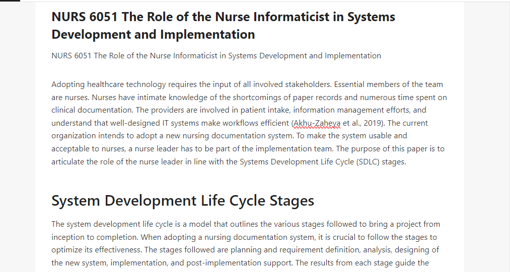NURS 6051 The Role of the Nurse Informaticist in Systems Development and Implementation 