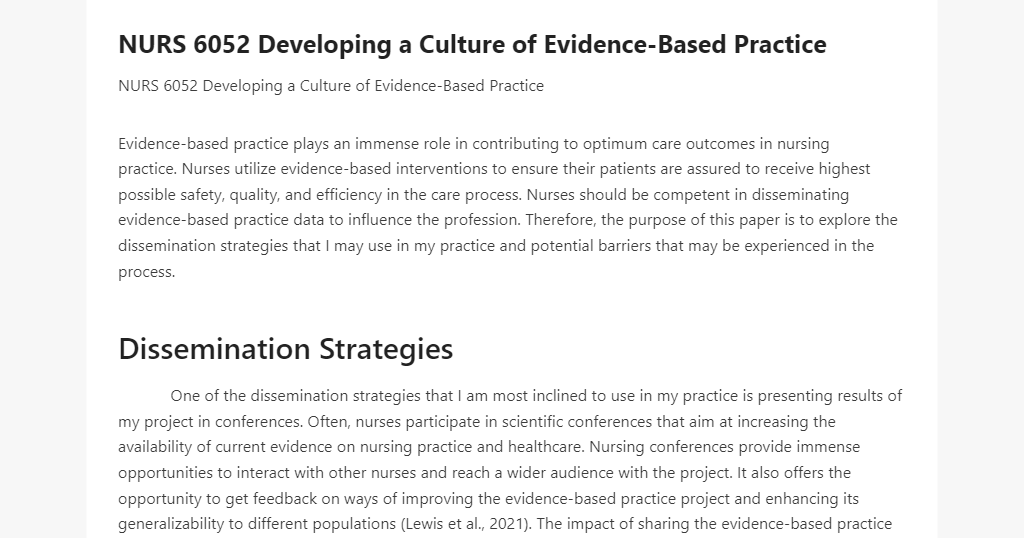 NURS 6052 Developing a Culture of Evidence-Based Practice 