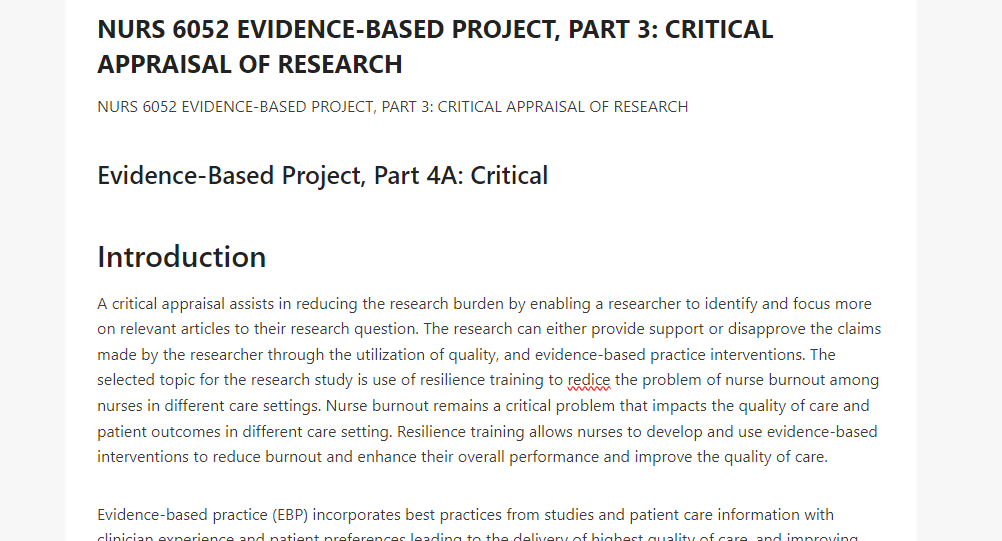 NURS 6052 EVIDENCE-BASED PROJECT, PART 3 CRITICAL APPRAISAL OF RESEARCH