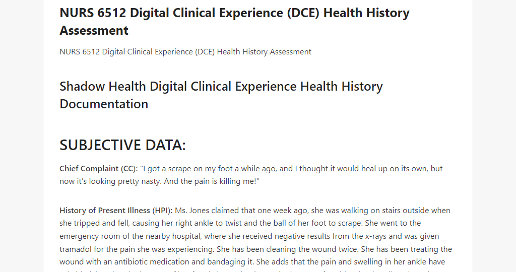 NURS 6512 Digital Clinical Experience (DCE) Health History Assessment