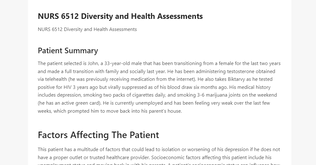 NURS 6512 Diversity and Health Assessments
