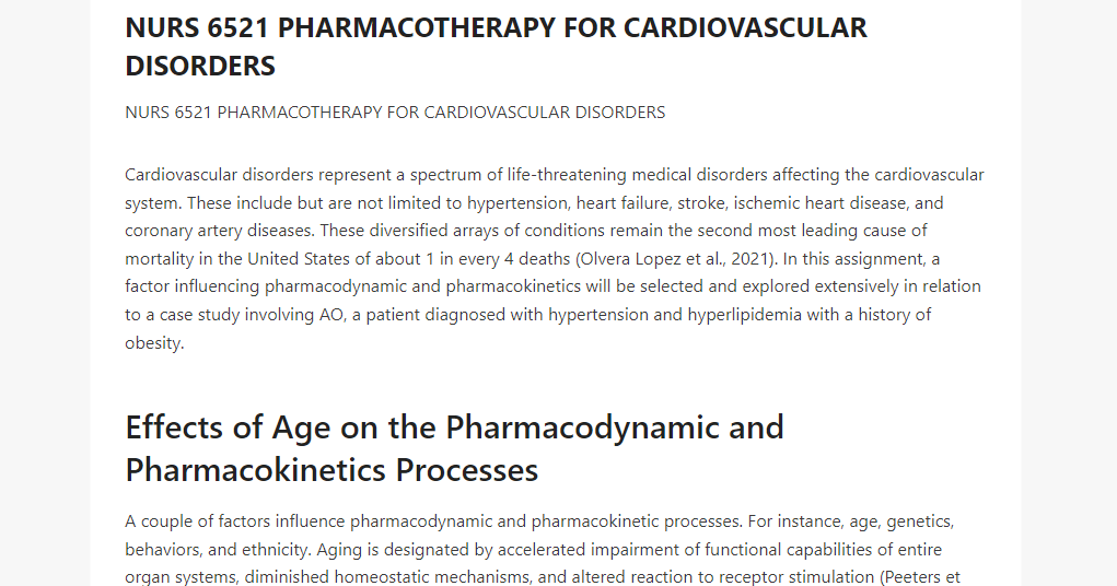 NURS 6521 PHARMACOTHERAPY FOR CARDIOVASCULAR DISORDERS