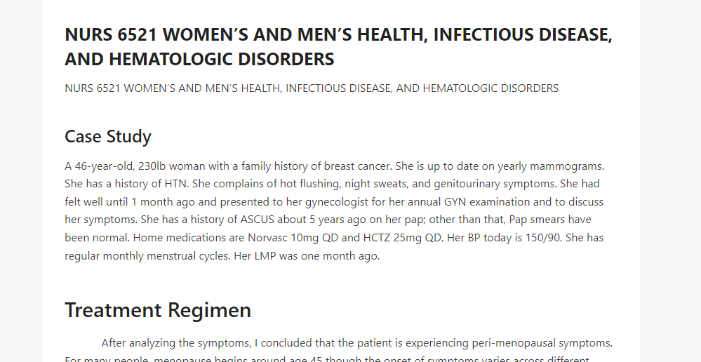 NURS 6521 WOMEN’S AND MEN’S HEALTH, INFECTIOUS DISEASE, AND HEMATOLOGIC DISORDERS