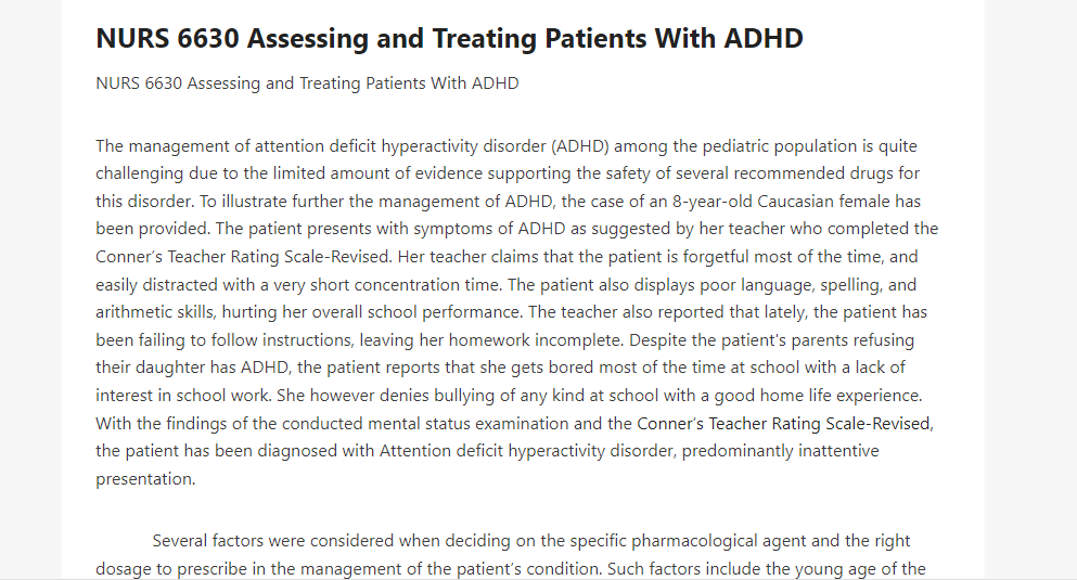 NURS 6630 Assessing and Treating Patients With ADHD
