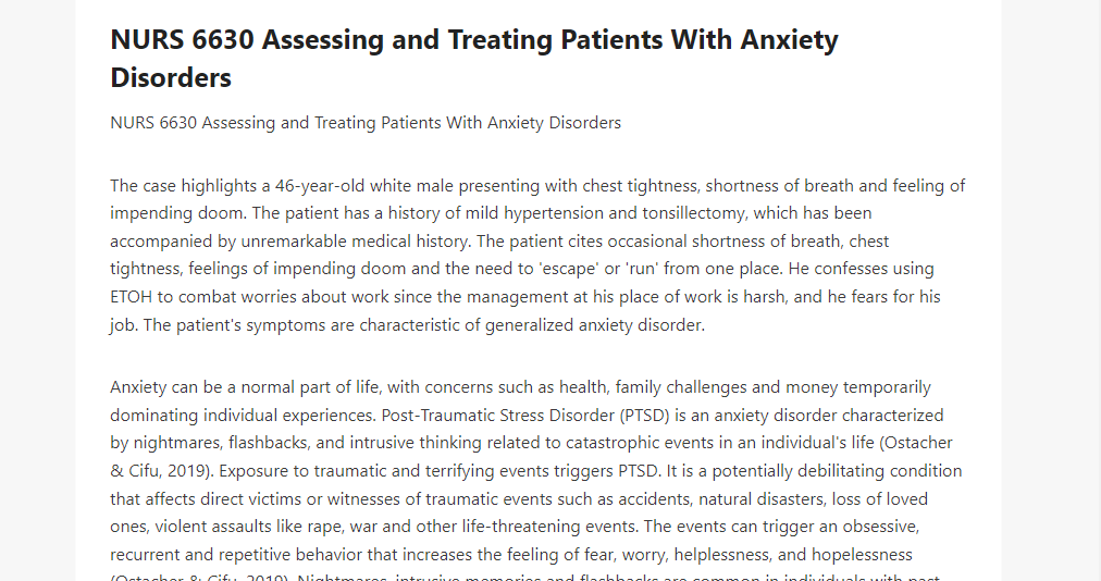 NURS 6630 Assessing and Treating Patients With Anxiety Disorders